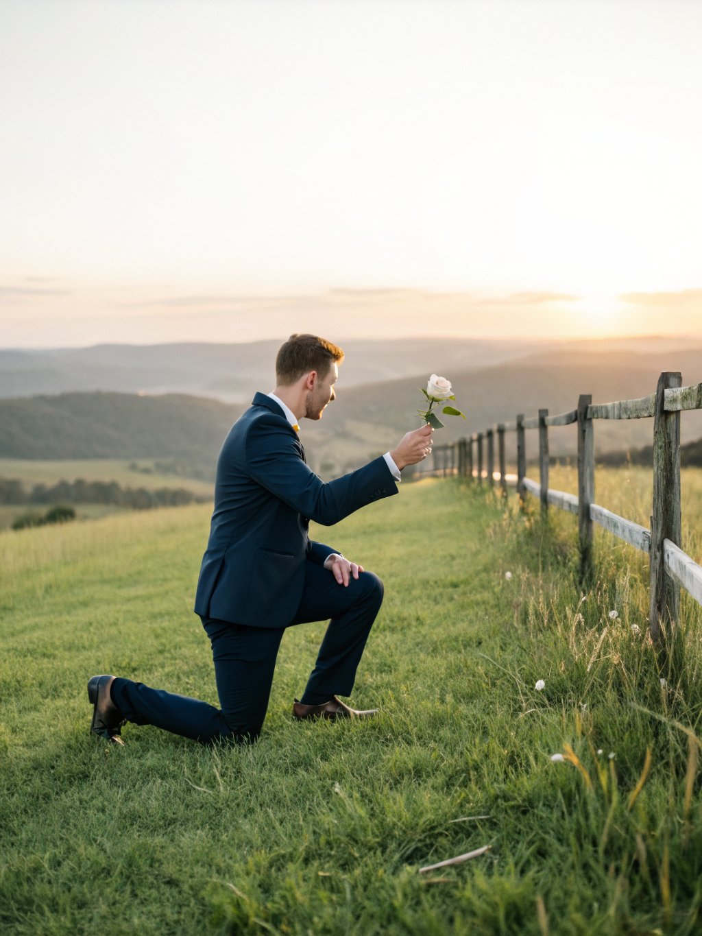 Anthony on one knee in a scenic location