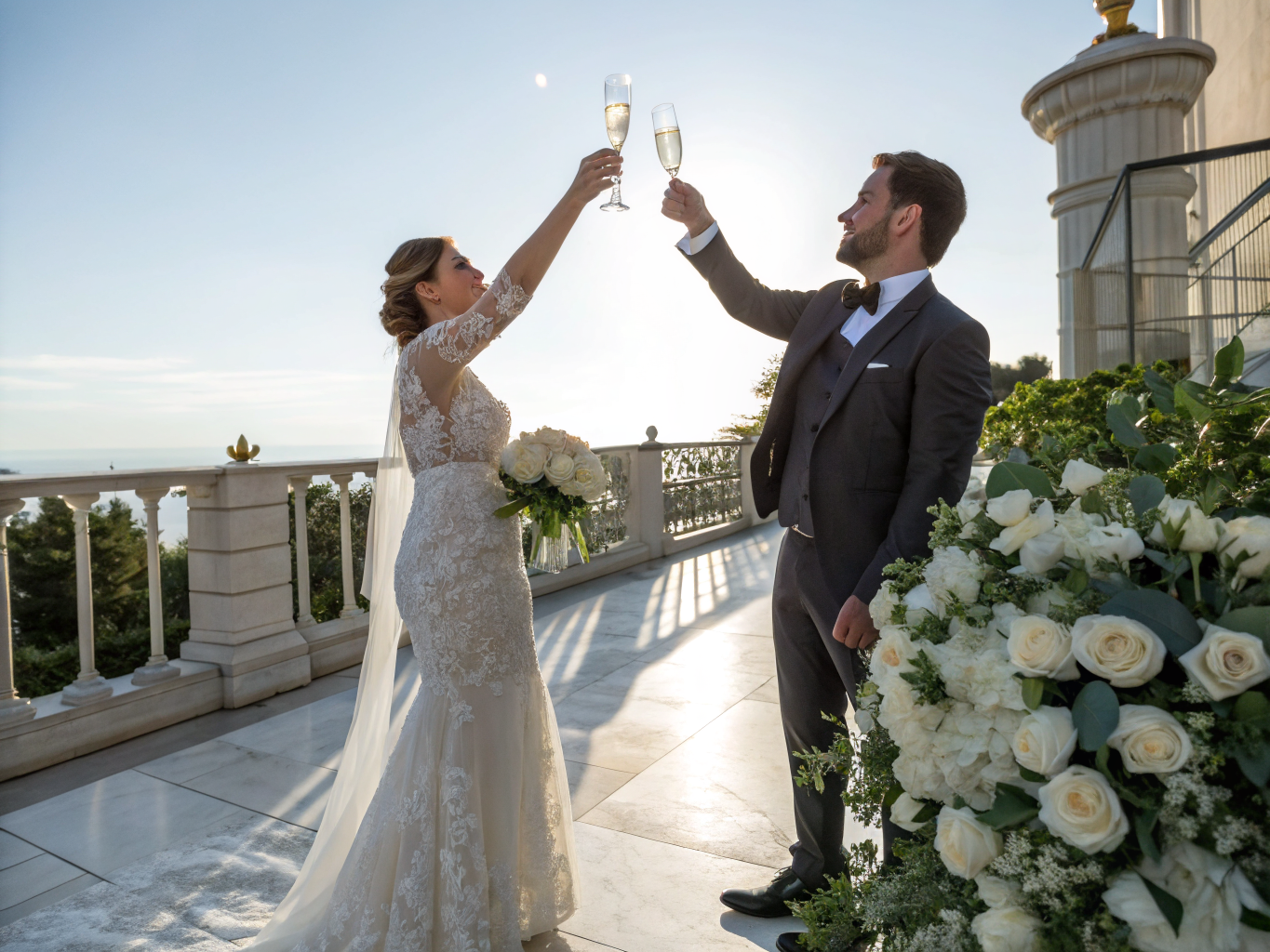 The couple celebrating with a champagne toast