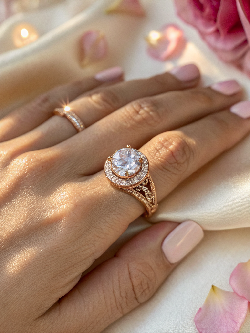 Detail shot of the ring on Lily's hand