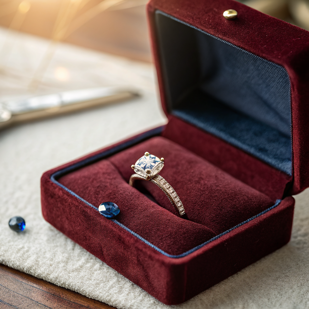 Close up of the engagement ring in a velvet box