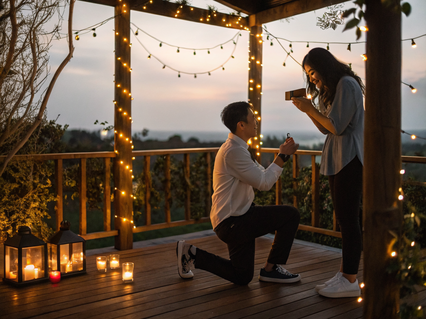 Wide shot of the proposal moment under soft lighting