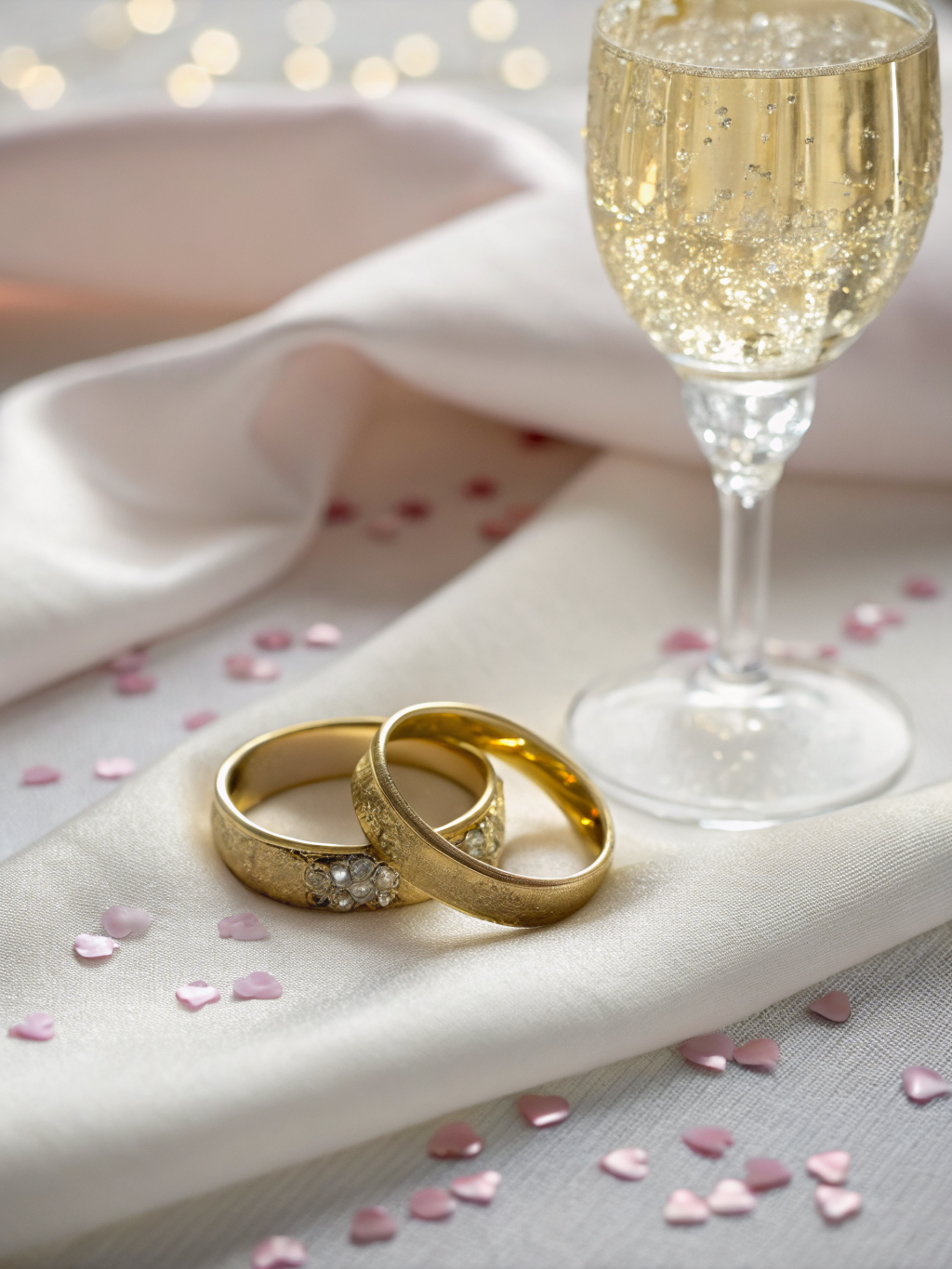 Wedding rings and champagne